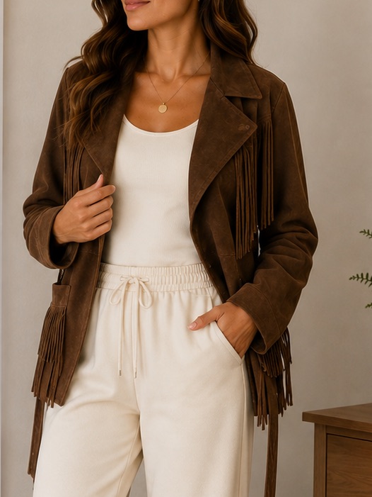 Vintage Brown Real Suede Fringe Western Jacket